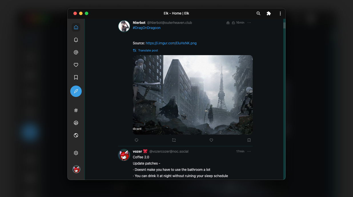 screenshot showing Mastodon but looking like Twitter on a MacOS.