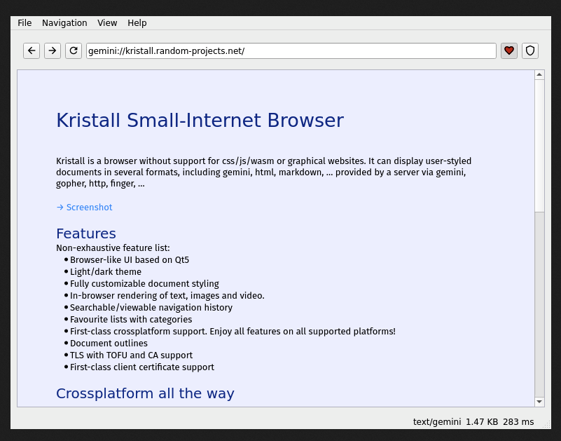 screenshot of Kristall displaying a text based web page