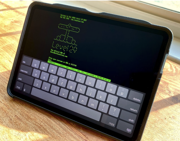 Screenshot of an iPad running MuffinTerm - looks like looking at a BBS in green font.