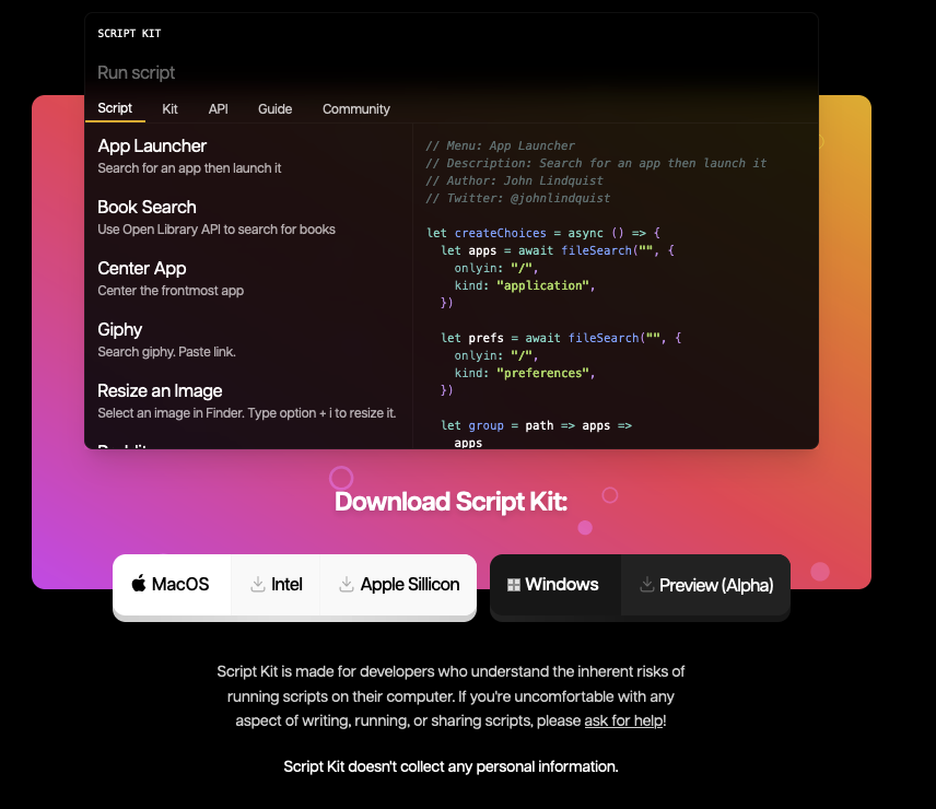 screenshot of Script Kit demo UI. Text: "Script Kit is made for developers who understand the inherent risks of running scripts on their computer. If you're uncomfortable with any aspect of writing, running, or sharing scripts, please ask for help!"