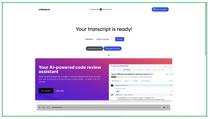 screenshot of writeout.ai showing a "transcript is ready" message.