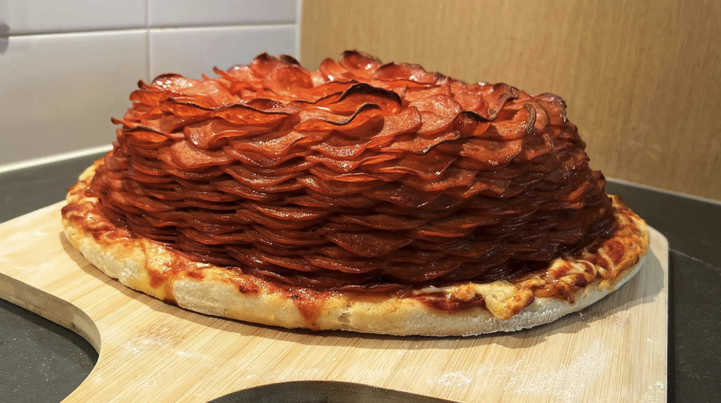 A just cooked pizza viewed on an angle. All you see is the crust because there is literally a 6"-7" high mountain of pepperoni on top of it.