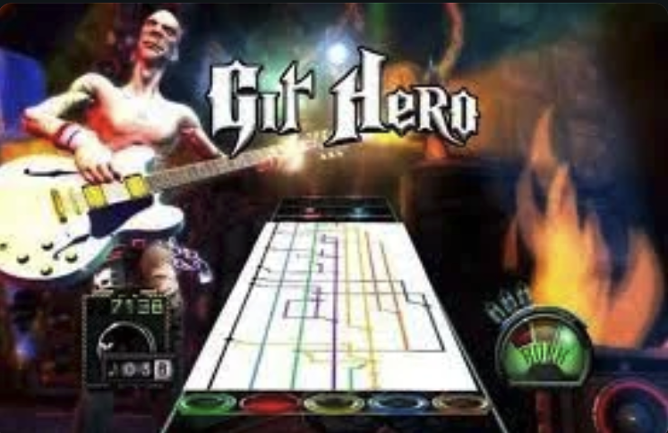 Photoshopped screenshot of Guitar Hero but with a Git branch graphic as the "notes" you play in the game.