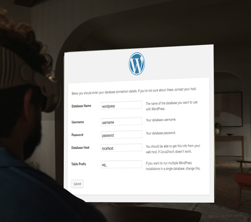 Man wearing a Vision Pro from Apple in his living room looking at a VR screen of the WordPress 5-minute install page.