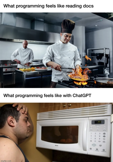 What programming feels like reading docs: pic of a chef smiling over an open flame cooking something in a pan.

What programming feels like with ChatGPT: Man w/ hand on his head starting into a microwave that is cooking something.