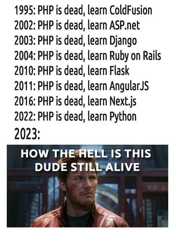 1995: PHP is dead, learn ColdFusion 2002: PHP is dead, learn ASP.net 
2003: PHP is dead, learn Django 
2004: PHP is dead, learn Ruby on Rails 2010: PHP is dead, learn Flask 
2011: PHP is dead, learn AngularJS 
2016: PHP is dead, learn Next.js 
2022: PHP is dead, learn Python 
2023: Pic of Quill from Guardians of the Galaxy with caption: "How the hell is this dude still alive".