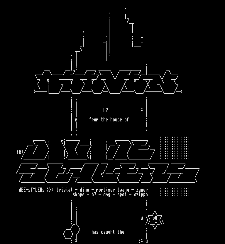 ASCII art. Title from the "Jungle Fever" colly by Finnish Amiga ASCII artist Antti "h7" Kiuru.