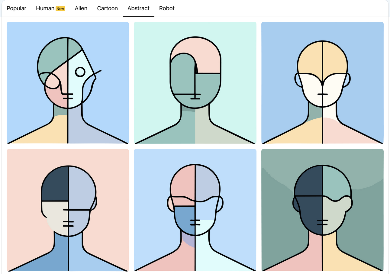 screenshot of site showing off six of the "abstract" category of avatars.