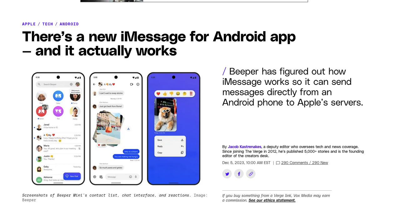 The Verge: Headline:

"There’s a new iMessage for Android app — and it actually works"