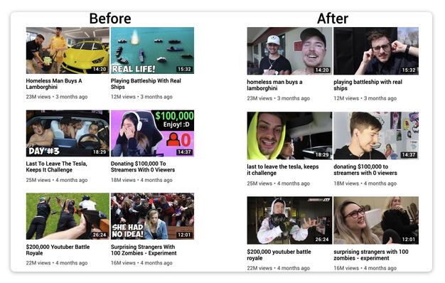 before and after shot of thumbnails on youtube.com - clickbait photos replaced with actual thumbnails from the videos