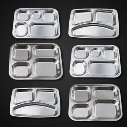 six metal food  trays with different sized "indent" holes that hold food/drink in them, in different layouts.