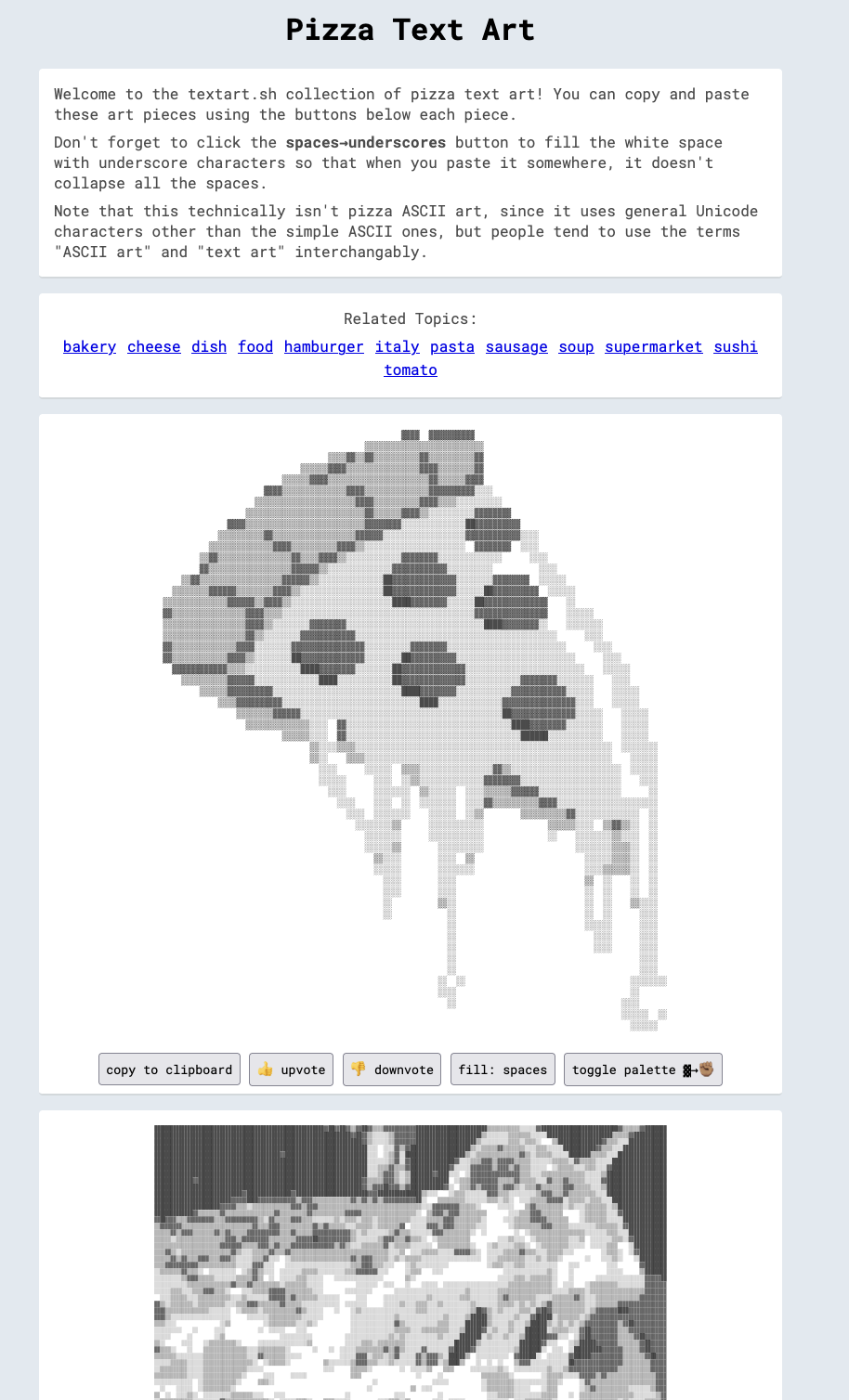 screenshot of pizza text art, an example of art on the site.