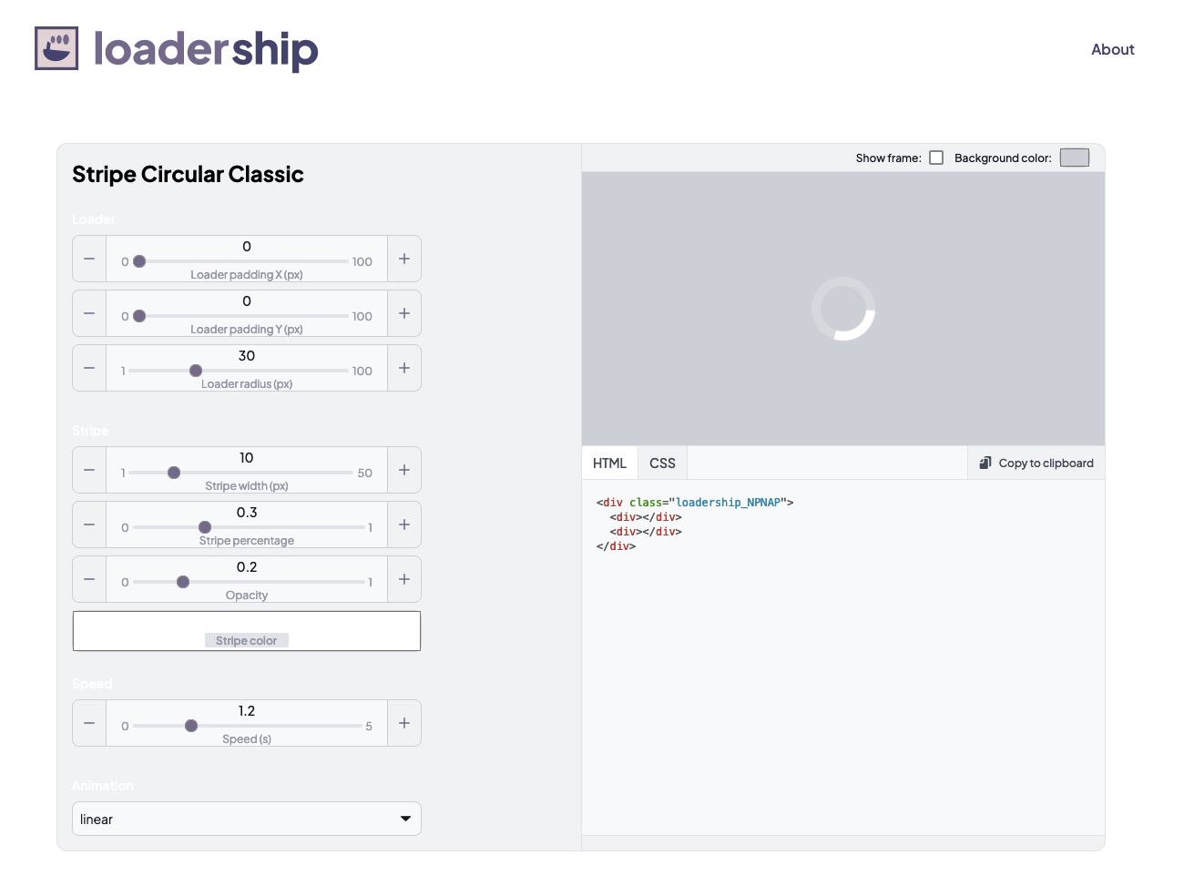 screenshot showing tools for configuration of a particular CSS loader and a preview on the right of the tools.