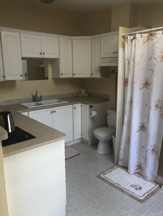 A smallish room that has a toilet, shower, sink, and stove with cabinets.