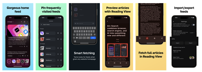 Screenshot showing screenshots of the software running on a mobile device, with features like home feed and previewing articles with reading view.
