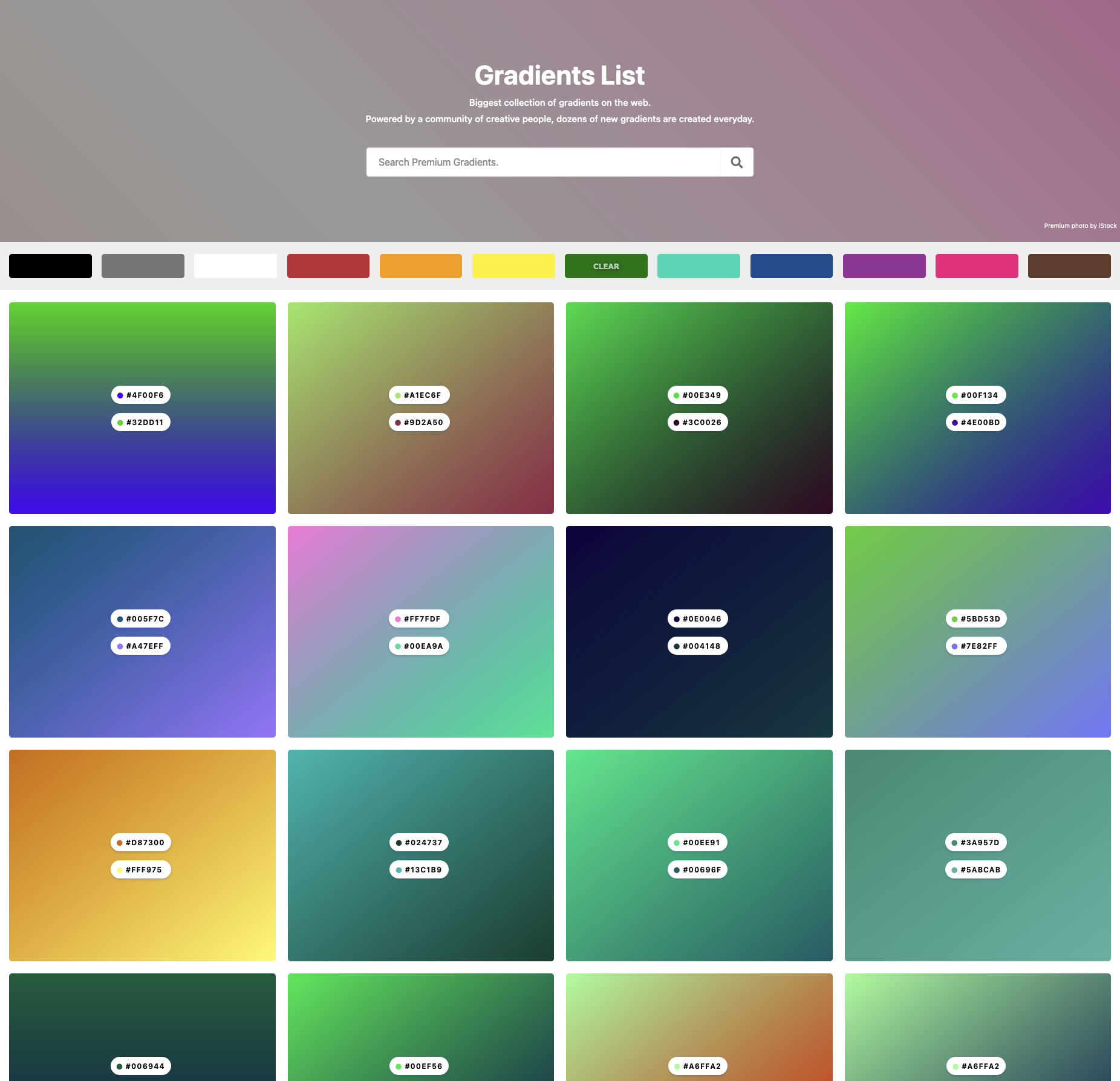 screenshot of https://gradientslist.com/ showing a grid of various gradients with hex codes.