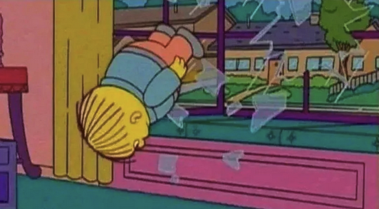 Scene from the Simpsons where Ralph is thrown from the outside into the inside of the home shattering the window in the process.