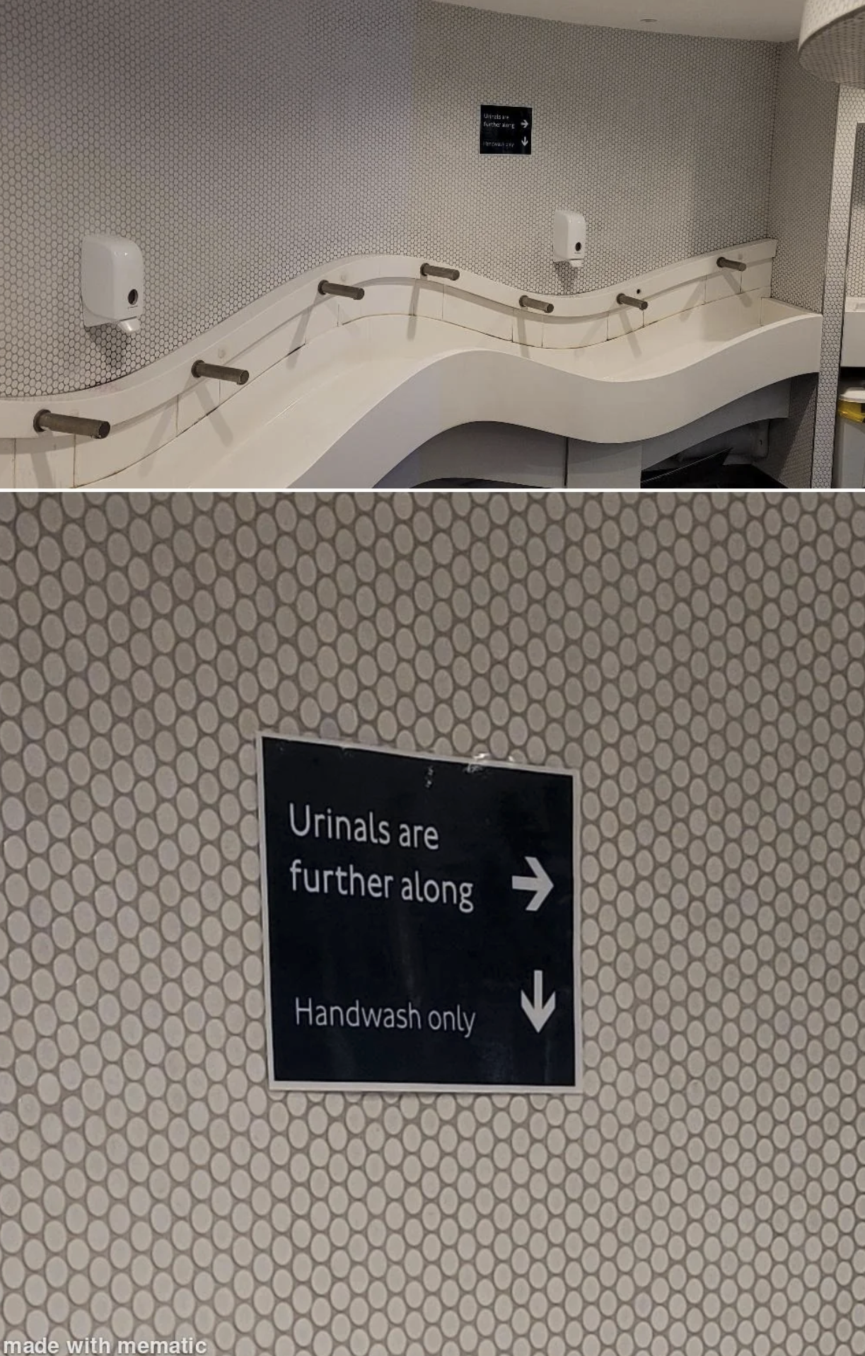 A single long bathroom sink in a public restroom with a clear sign above it that reads that urinals are further along and the below (sink) is for handwash only.