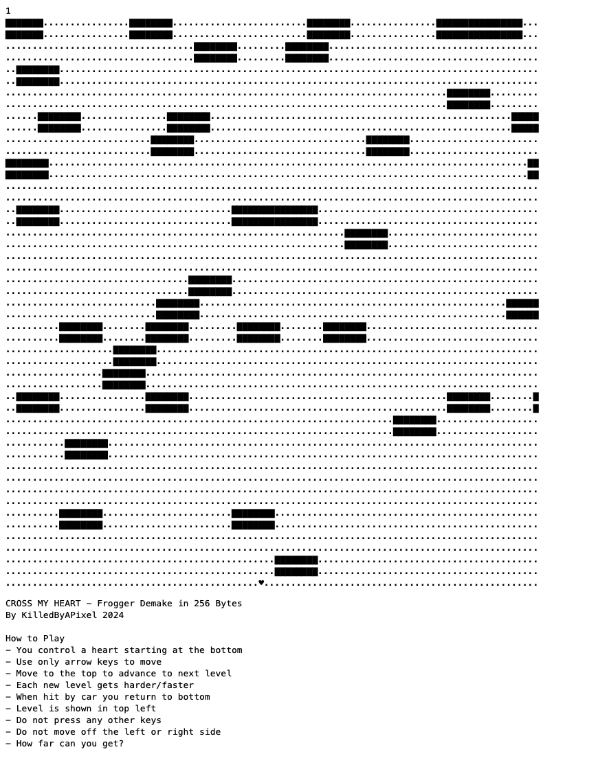 Screenshot of ASCII text that looks and close to plays like the old Frogger arcade game.