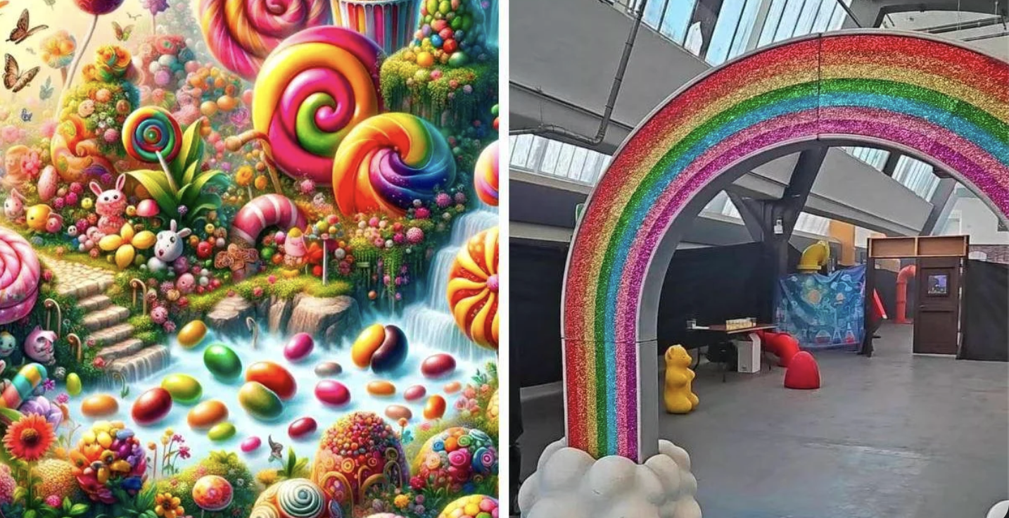 On the left - an (AI generated) photo of Willie Wanka's chocolate factory, very colorful and beautiful. On the right, a cheap plastic rainbow and props in a crappy warehouse.