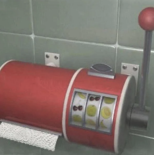 A toilet paper dispenser in a bathroom that has a slots gambling interface with a stick to pull down and three graphics (cherry, lemon, apple) shown.