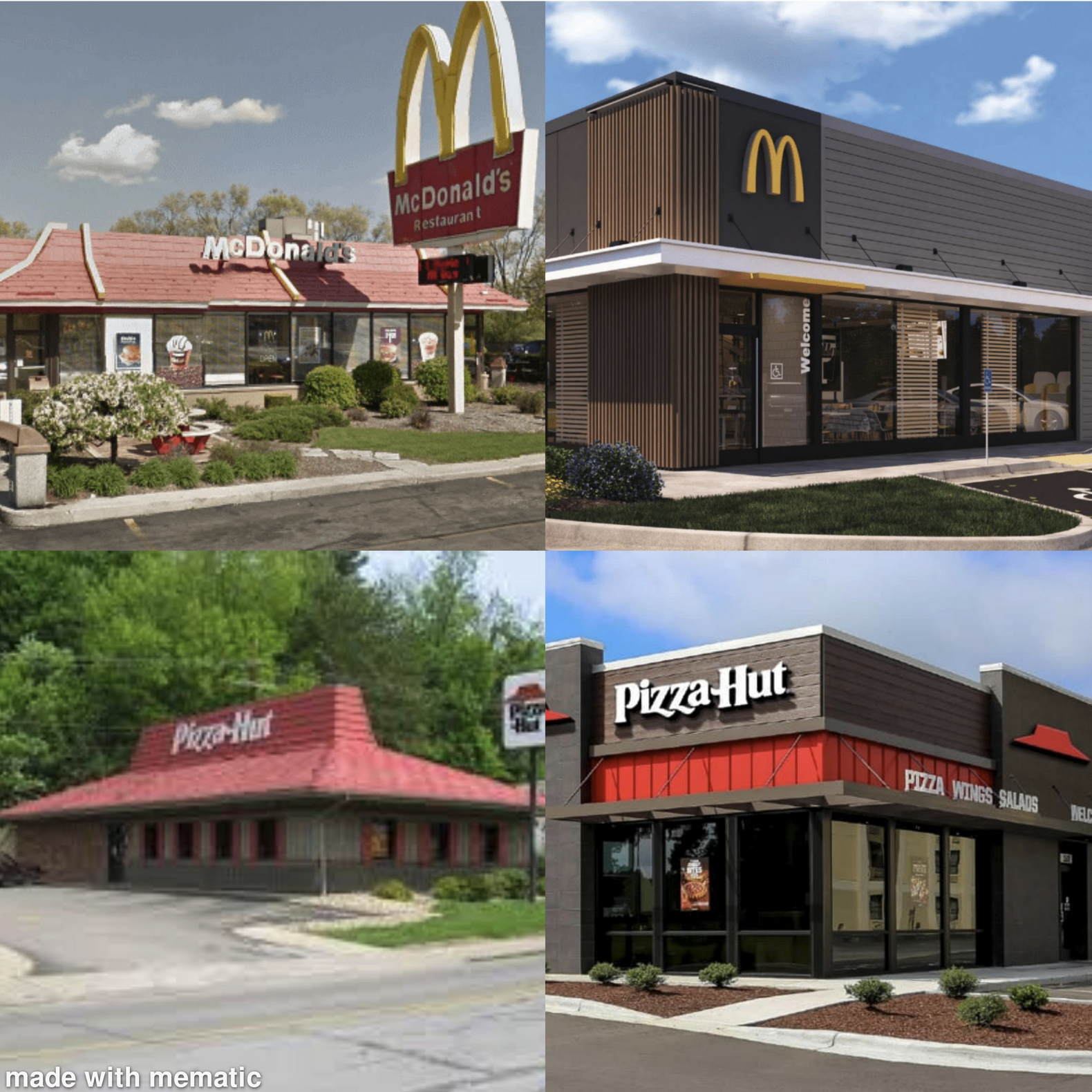 before vs after of a Pizza hut building and a McDonalds from the 1990s with their iconic building/brands vs today where the buildings are just square dark colors with a plain logo.