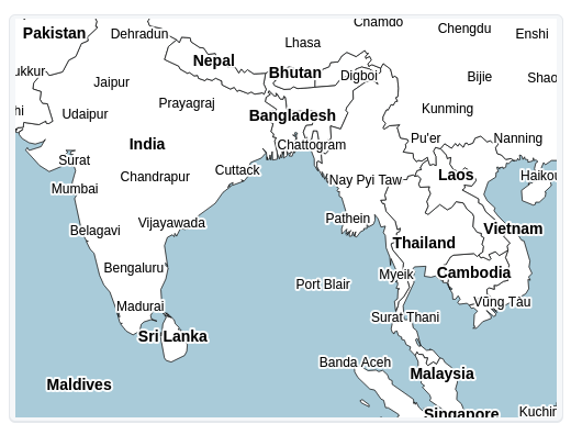 View of the map, focused on India and nearby areas. Vector based with names of cities visible.