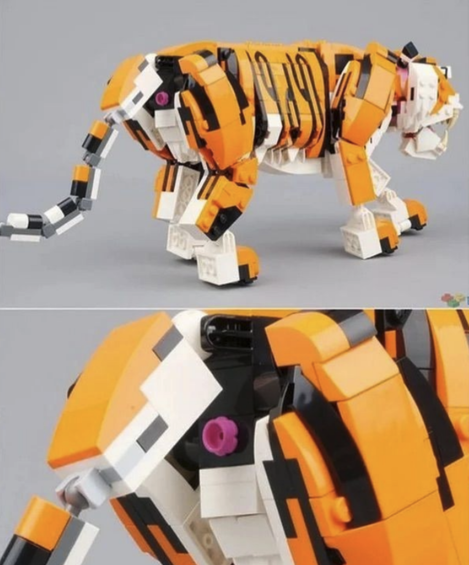 A tiger made of Lego with one pink circular logo in it's butt to represent the anus.