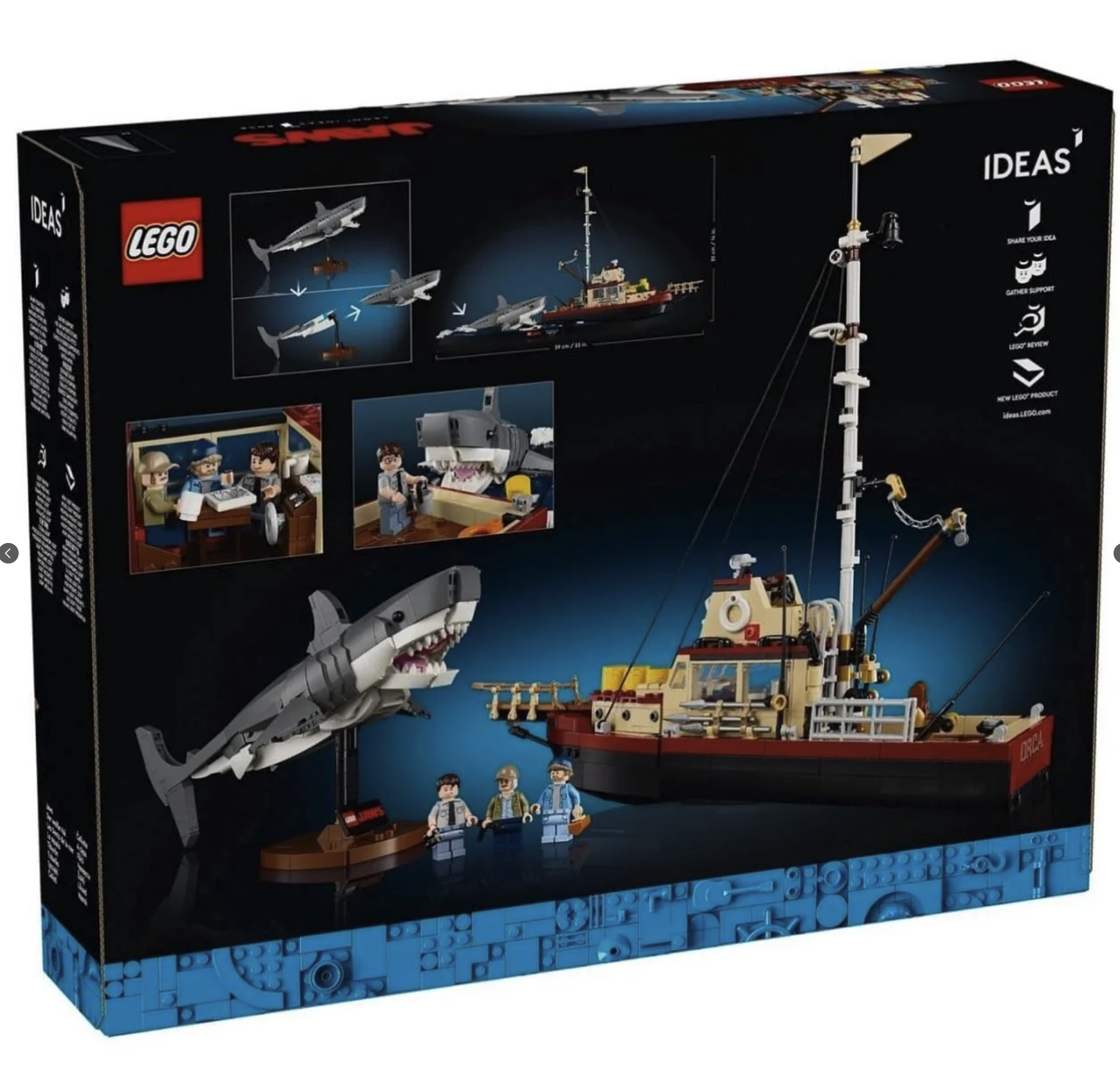 lego box with a picture of a Jaws lego playset (the boat and the shark).