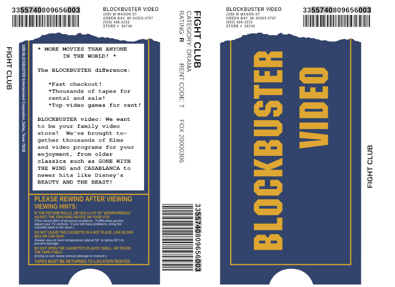 Photo of a front and back of a template of an old Blockbuster Video VHS shell.