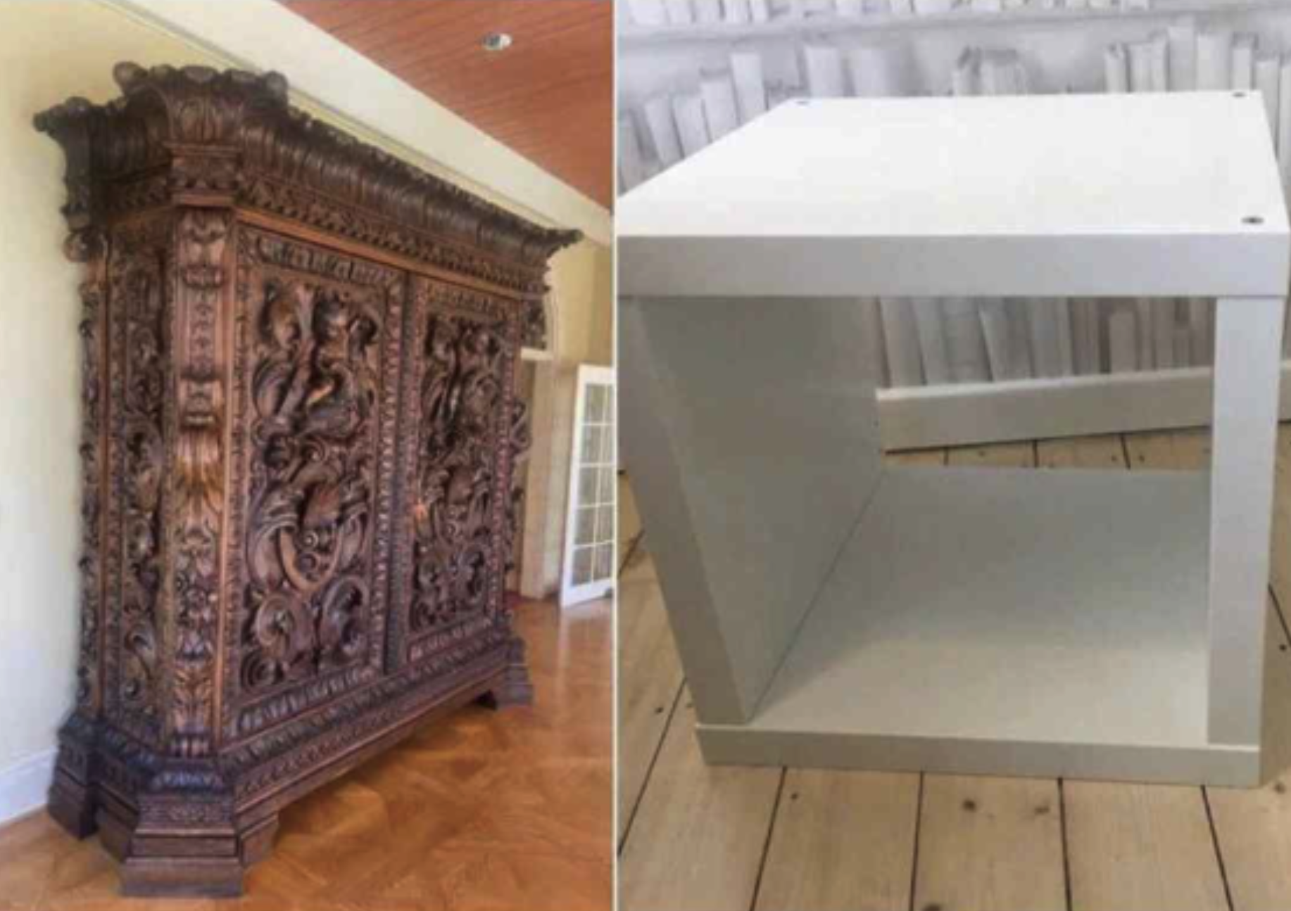 on the left is an expensive looking elaborate classic antique dresser. On the right is a plan cheap white square (table?) that looks like it came from IKEA.