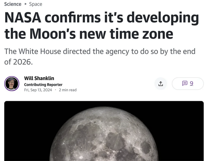 Blog Post with headline: "NASA confirms it's developing the Moon's new time zone"