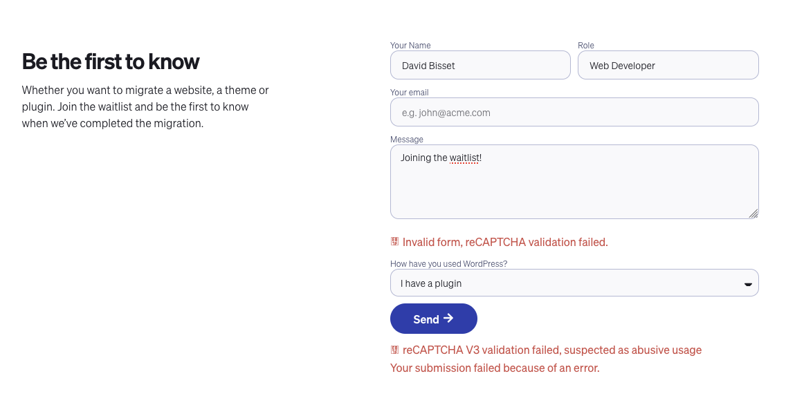 Error showing on a failed filled out form on nextpress.ai on the first human attempt to fill out the form.