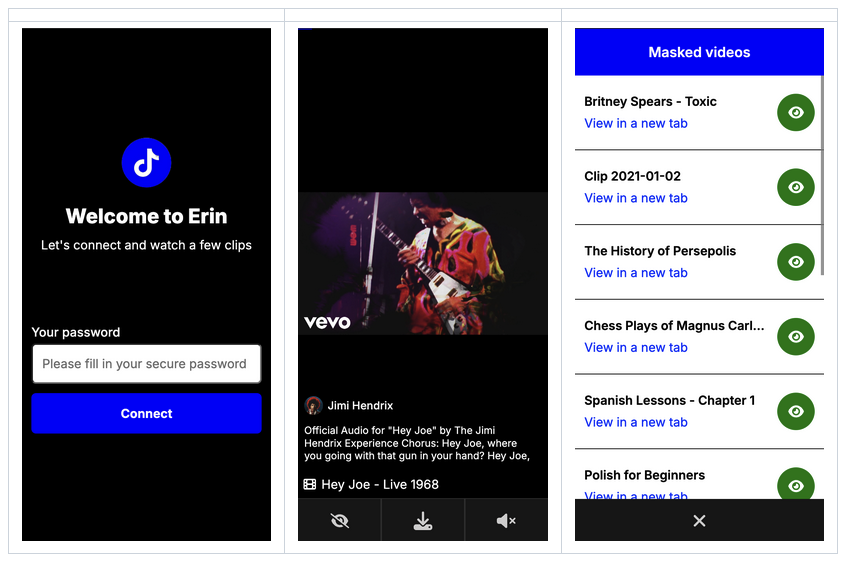 3 Screenshots of the Erin app, including a feed view.