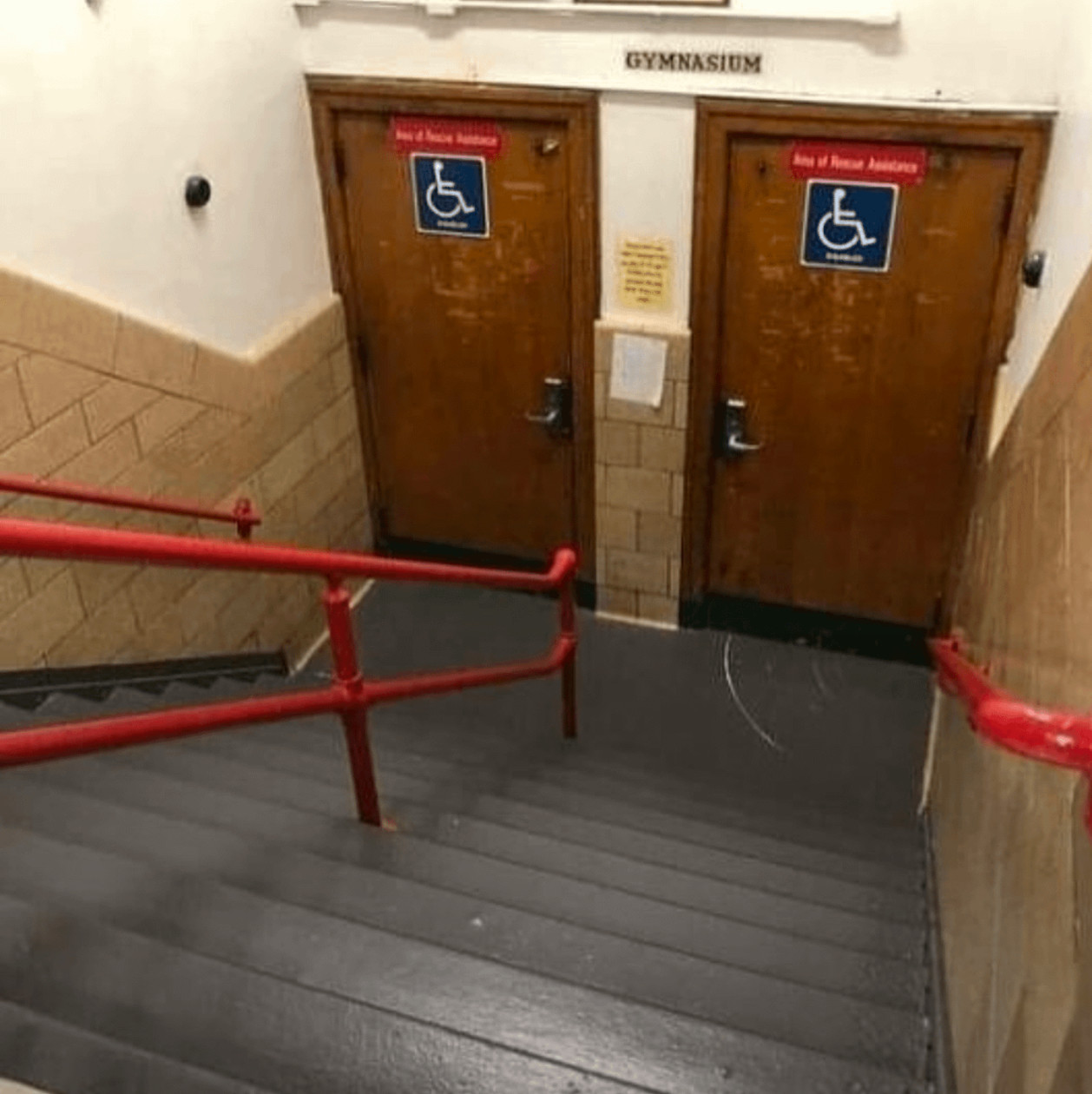 Two doors with large handicap signs on the front at the bottom of a deep staircase.