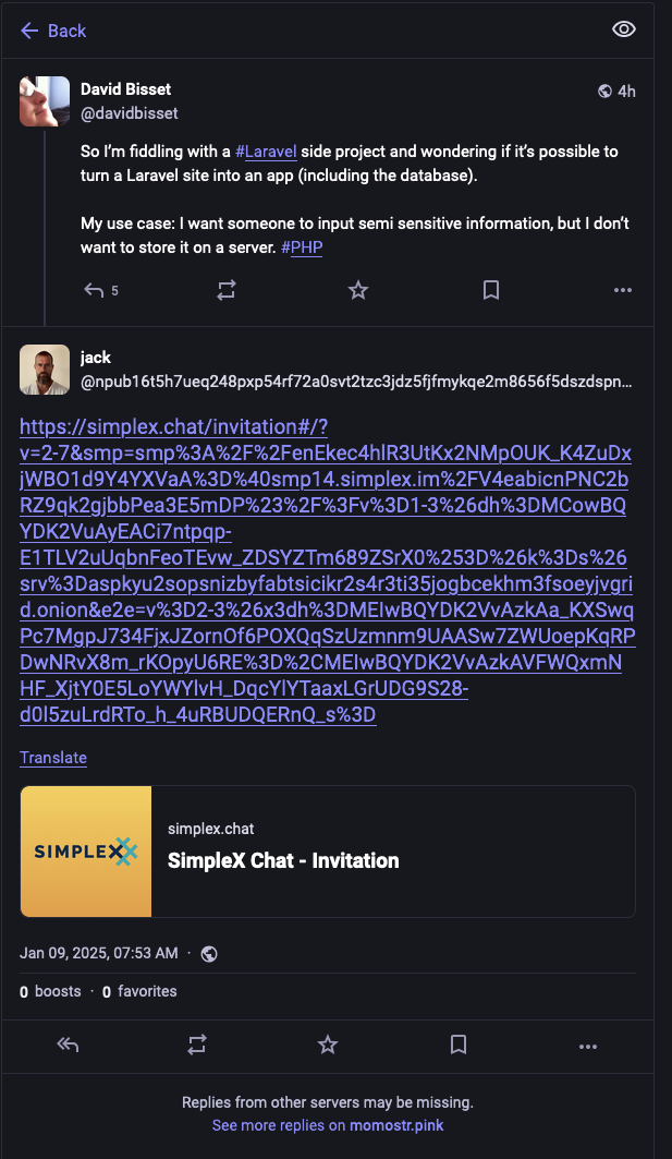 Screenshot of a Mastodon reply to me (David Bisset) from "Jack" (Jack from Twitter) with a really long username and even longer invite link in the reply to "SimpleX Chat", whatever that is.