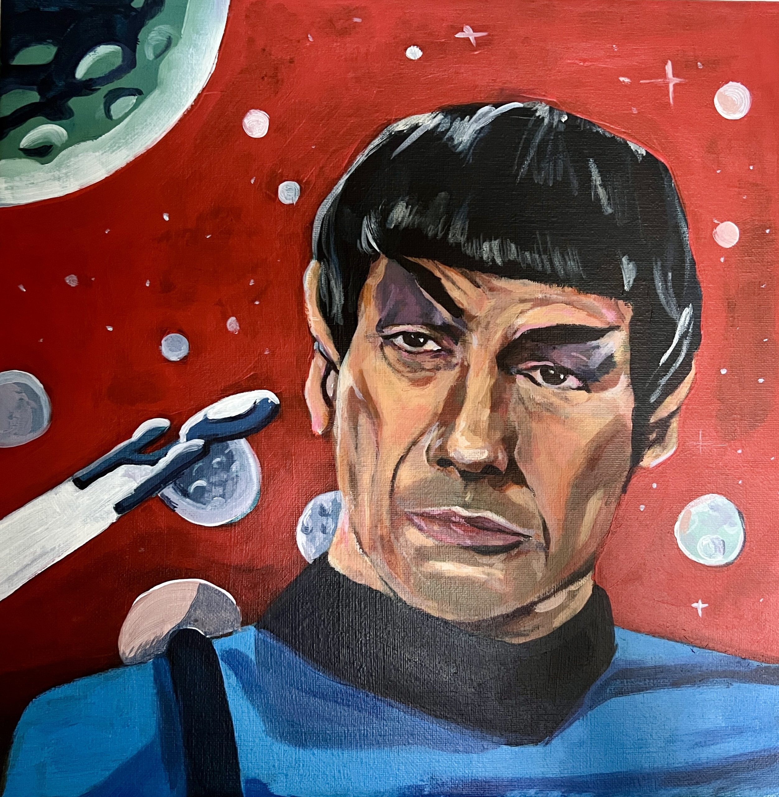 Hand drawn painting of Mr. Spock from 1960'S Star Trek with the Enterprise flying behind him in the background.